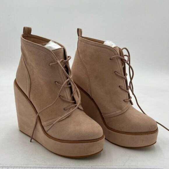 Nude Women's Ankle Boots Wedge Platform Bootie Round Toe Lace up Wedge Heels - Picture 1 of 6